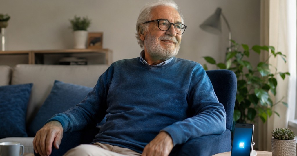 Adulto mayor sonriente en su living con smartphone Senior Safe