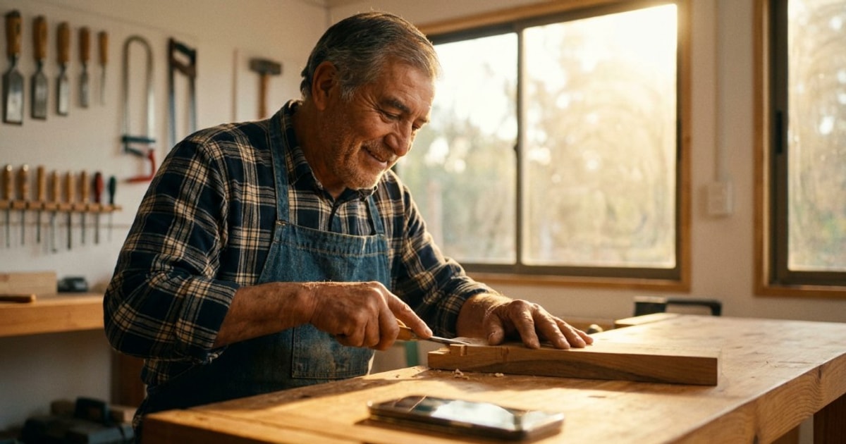 Adulto mayor independiente en su taller con smartphone como red de protección familiar