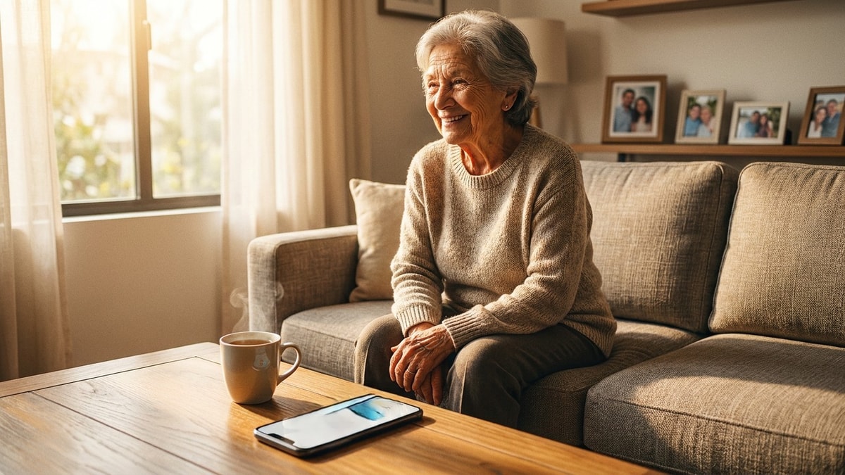 Adulta mayor tranquila en su hogar con smartphone y teleasistencia Senior Safe